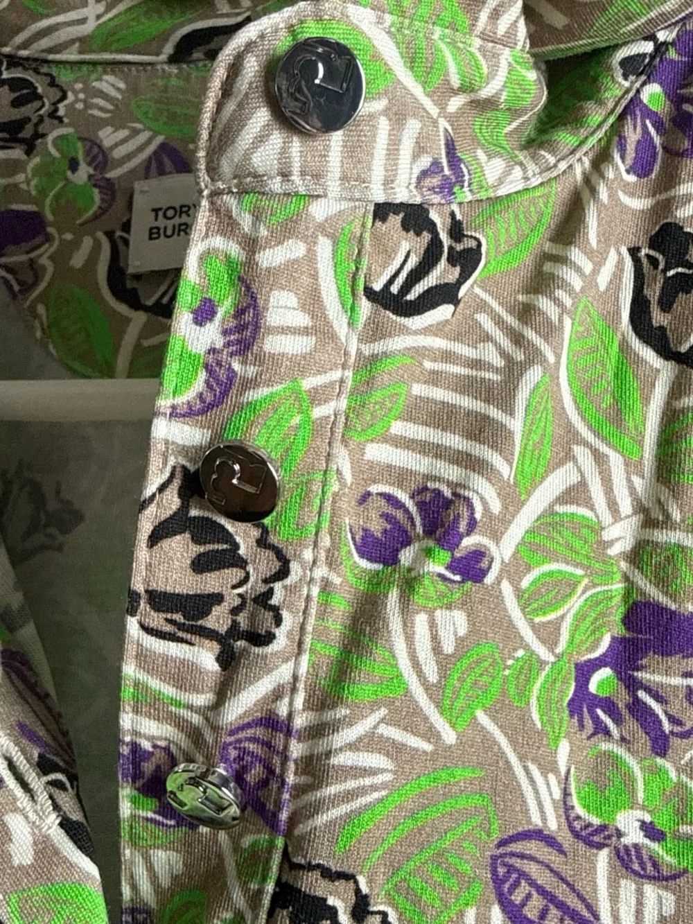 Tory Burch Green, Purple & Black Floral Collared Short-Sleeve Blouse